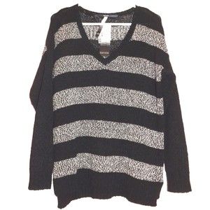 Kensie Women Sweater Black Marled Long Sleeve V-Neck Striped Medium Size